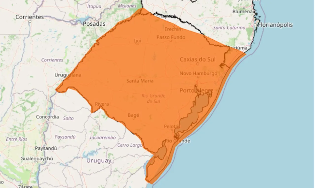 A imagem mostra alerta de tempestade para regi&atilde;o sul do Brasil